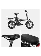 Folding electric bike with black seat, handlebars, front suspension, and rear rack