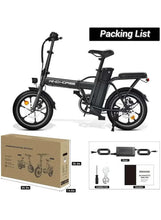Folded electric bike with accessories kit and shipping box shown