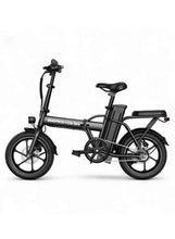 Folding electric bike with front and rear disc brakes, black frame, 16-inch wheels
