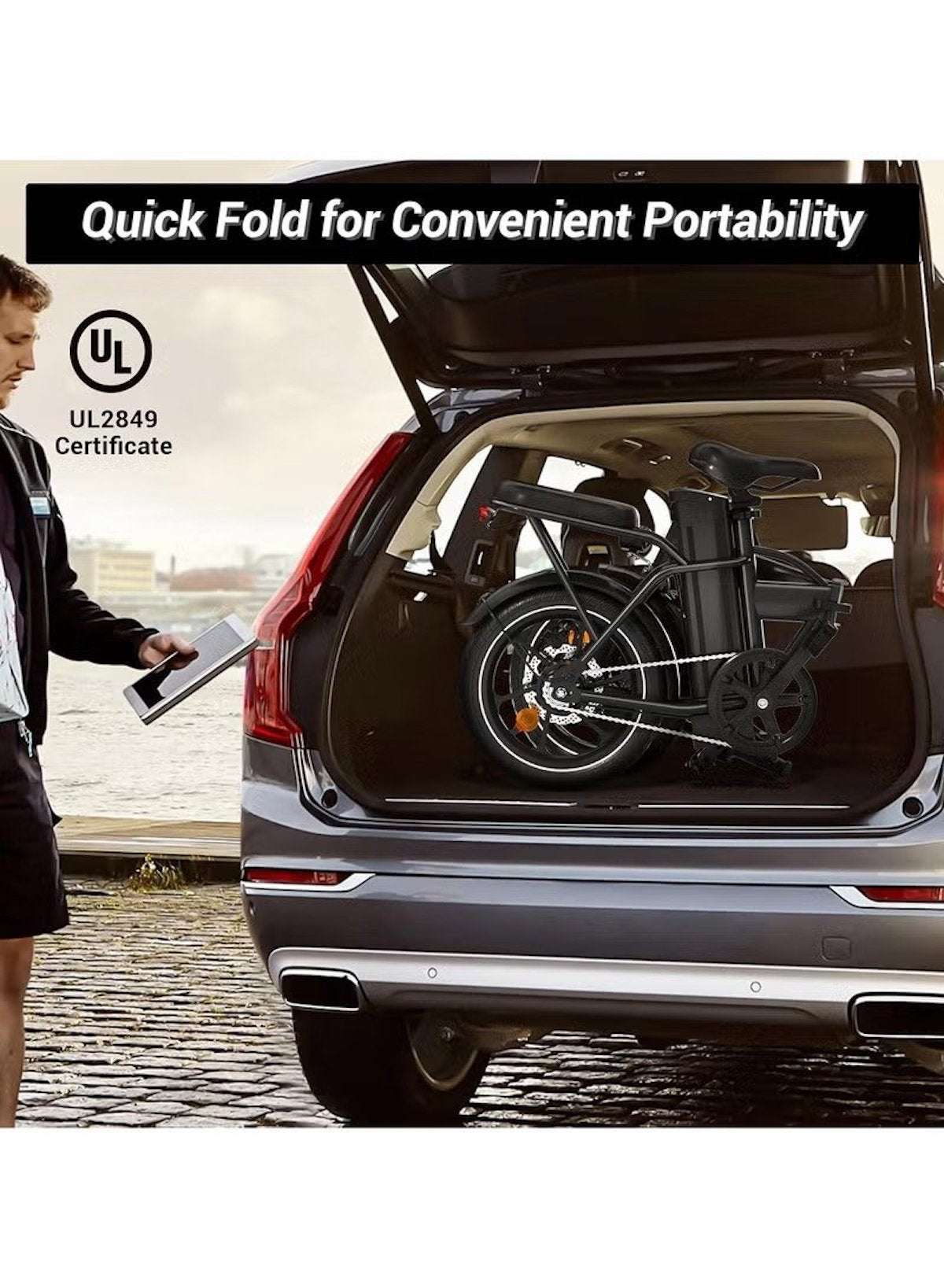 Folding Electric Bike with 350W High Speed Motor, 36V 8AH Battery, 40 KM/H Speed, 35 KM Range, Dual Disk Brakes, Carbon Alloy Frame and 16-Inch Tires, Portable Electric Bike with Dual Seat, Helmet and Safety Vest