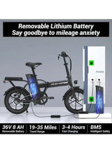 Folding electric bike with removable battery on a charging dock, black frame, 16-inch tires