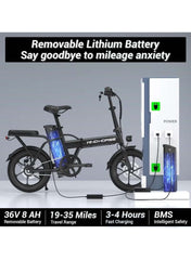 Folding Electric Bike with 350W High Speed Motor, 36V 8AH Battery, 40 KM/H Speed, 35 KM Range, Dual Disk Brakes, Carbon Alloy Frame and 16-Inch Tires, Portable Electric Bike with Dual Seat, Helmet and Safety Vest