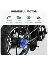 Folding electric bike showing front motor area, black frame, disc brake rotor detail