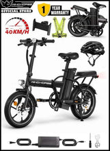 Folding electric bike with Windhorse logo, front headlight, dual wheels, and rear seat