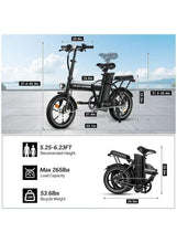 Folding electric bike with height and load icons, black frame, 16-inch wheels