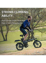 Folding electric bike with rider on a path, black frame and 16-inch tires