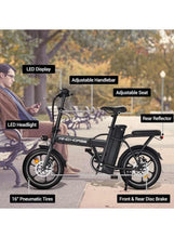 Folding electric bike with LED headlight, adjustable seat and handlebar, 16-inch wheels