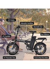 Folding Electric Bike with 350W High Speed Motor, 36V 8AH Battery, 40 KM/H Speed, 35 KM Range, Dual Disk Brakes, Carbon Alloy Frame and 16-Inch Tires, Portable Electric Bike with Dual Seat, Helmet and Safety Vest