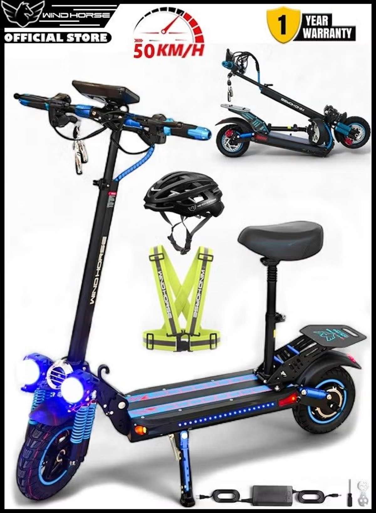 H5 Pro Electric Folding Scooter, 1200W Motor, 48V 18Ah Battery, 41KM Range, Dual Suspension and Remote Lock with Helmet and Safety Vest