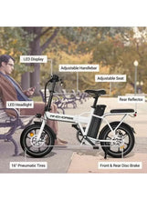 Folding electric scooter with white frame and black seat, used on a paved path