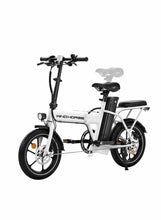 Folding electric scooter with white frame, black handlebars, and front disc brake