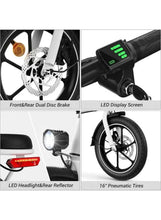 Folding electric scooter closeup: dual disc brakes, LED display, headlight, and 16in tires