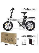 Folding electric scooter in white and black with 16 in tires and dual disc brakes