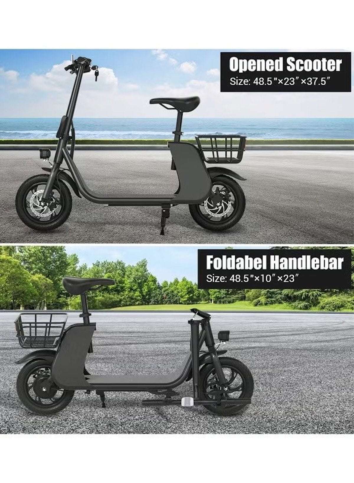 Premium Foldable Electric Scooter with Seat and Rear Basket, 450W Motor, 36V 8AH Battery, 25-35 KM/h Speed, Carbon Alloy Frame, 12.5 Inches Tires, Disk Brakes, Unisex Comfortable E-Scooter for Adults