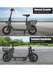 Premium Foldable Electric Scooter with Seat and Rear Basket, 450W Motor, 36V 8AH Battery, 25-35 KM/h Speed, Carbon Alloy Frame, 12.5 Inches Tires, Disk Brakes, Unisex Comfortable E-Scooter for Adults