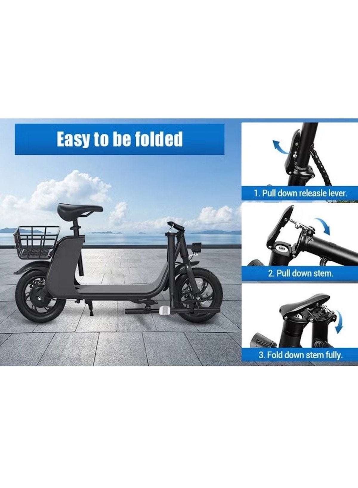 Premium Foldable Electric Scooter with Seat and Rear Basket, 450W Motor, 36V 8AH Battery, 25-35 KM/h Speed, Carbon Alloy Frame, 12.5 Inches Tires, Disk Brakes, Unisex Comfortable E-Scooter for Adults