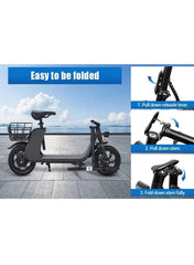 Premium Foldable Electric Scooter with Seat and Rear Basket, 450W Motor, 36V 8AH Battery, 25-35 KM/h Speed, Carbon Alloy Frame, 12.5 Inches Tires, Disk Brakes, Unisex Comfortable E-Scooter for Adults