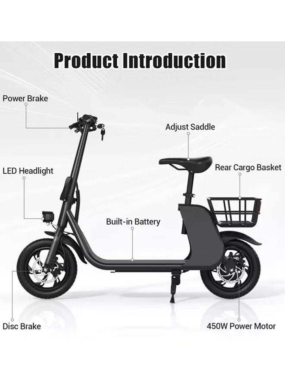 Premium Foldable Electric Scooter with Seat and Rear Basket, 450W Motor, 36V 8AH Battery, 25-35 KM/h Speed, Carbon Alloy Frame, 12.5 Inches Tires, Disk Brakes, Unisex Comfortable E-Scooter for Adults