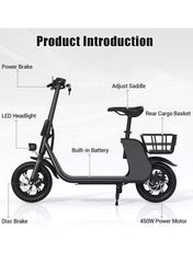 Premium Foldable Electric Scooter with Seat and Rear Basket, 450W Motor, 36V 8AH Battery, 25-35 KM/h Speed, Carbon Alloy Frame, 12.5 Inches Tires, Disk Brakes, Unisex Comfortable E-Scooter for Adults