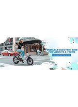 Folding electric scooter with rider, white frame and front suspension fork