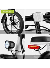 Electric scooter detail: disc brake rotor, headlight, front reflector, and tail light