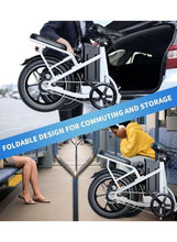 Foldable electric scooter shown folded, with front wheel and rear storage area