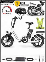 Folding electric scooter with white frame, black seat, front suspension fork, and toolkit