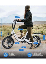 Folding electric scooter with white frame, black seat, front wheel, and handlebar