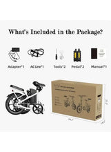 Foldable electric scooter with included accessories and product box, black and white