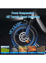 Front suspension and disc brake on folding electric scooter, with blue-accented 16 in tire