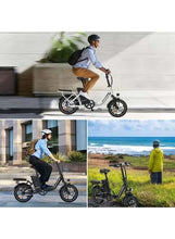 Black foldable electric scooter ridden on paths, with front fork and disc brake wheels visible.
