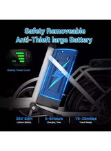 Removable battery housing on a black electric scooter frame with a glowing power indicator.