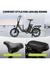 Black electric scooter with a large shock-absorbing seat and rear luggage rack.