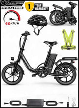 Black folding electric scooter with front suspension fork, seat, and rear carrier