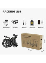 Product box showing a black folding electric scooter with accessory kit