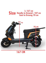 Electric scooter side view with black seat, blue body, orange accents, and kickstand