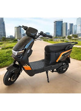 Blue electric scooter for adults with front headlight, handlebars, and front tire