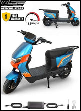 Blue electric scooter with black seat, underbody panel, and side stand on display