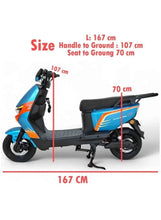 Side view blue electric scooter with seat, handlebars, tires, and kickstand deployed