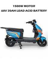 Blue electric scooter with black seat, disc front wheel, and side step stand