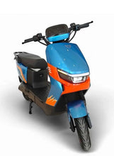 Blue electric scooter front view with black headlight housing, fender, and kickstand