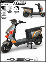 Blue electric scooter with black seat, front headlight, and under-seat storage area