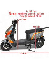 Side view blue electric scooter with seat and handlebars, showing overall proportions
