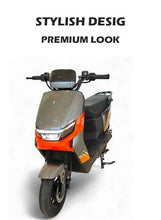 Blue electric scooter front view with clear headlight, black seat, and kickstand