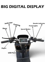 Blue electric scooter with digital display, handlebars controls, and front indicator lights