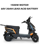 Electric scooter with black body, blue side panel, orange stripe graphics, and front headlight