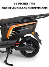 Electric scooter front wheel and suspension with blue panel and orange graphic decal