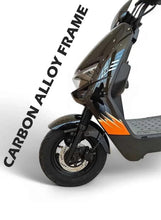Electric scooter front wheel and fork with orange accent graphics on blue side panel