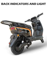 Electric scooter rear wheel and taillight with amber turn signals and orange accents