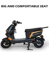 Electric scooter full side view with black seat, blue body, orange graphics, and disc brake